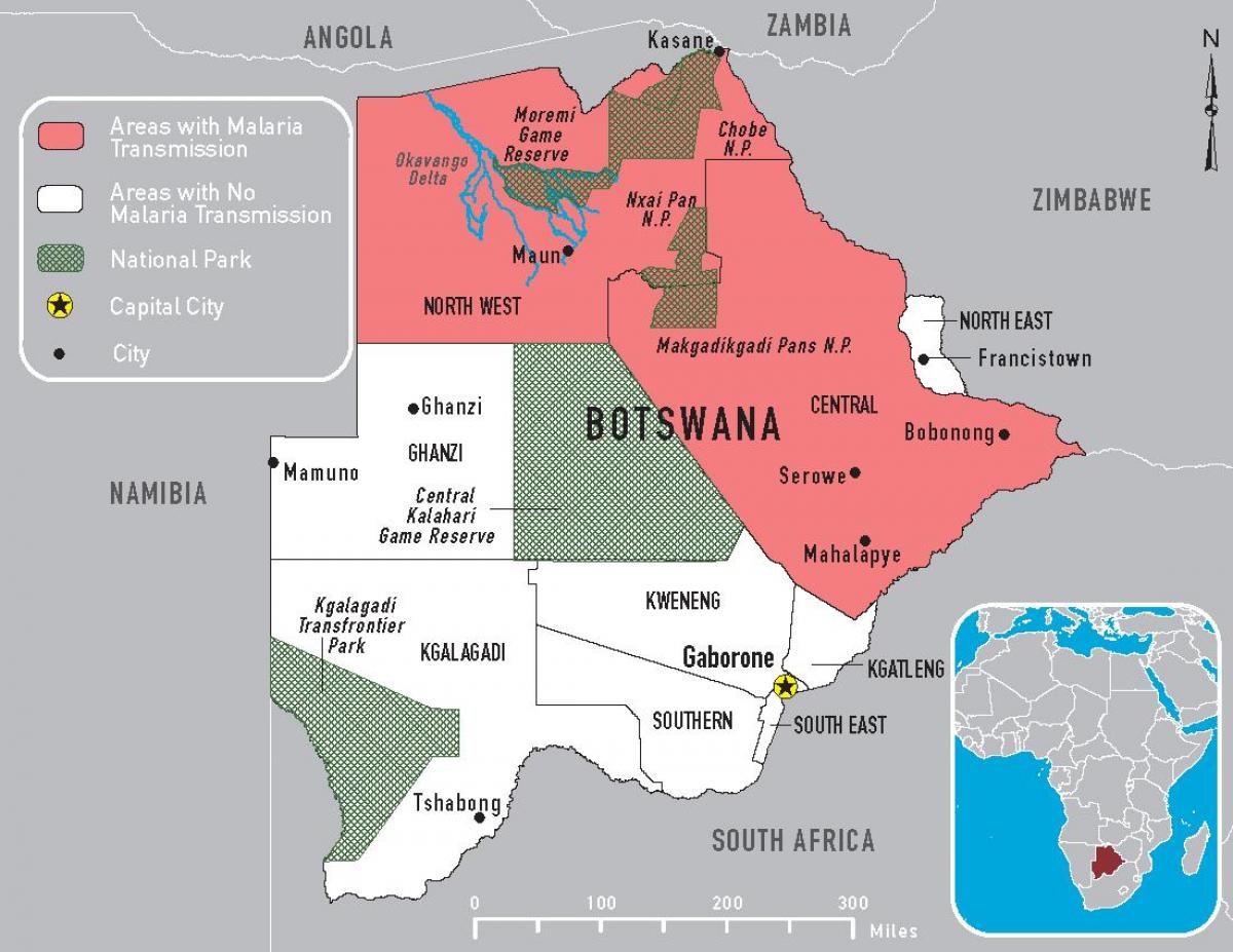 žemėlapis Botsvana maliarija